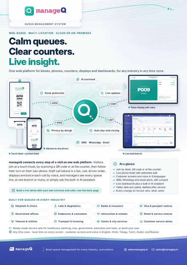 Cover of the manageQ brochure: Calm queues. Clear counters. Live insight.