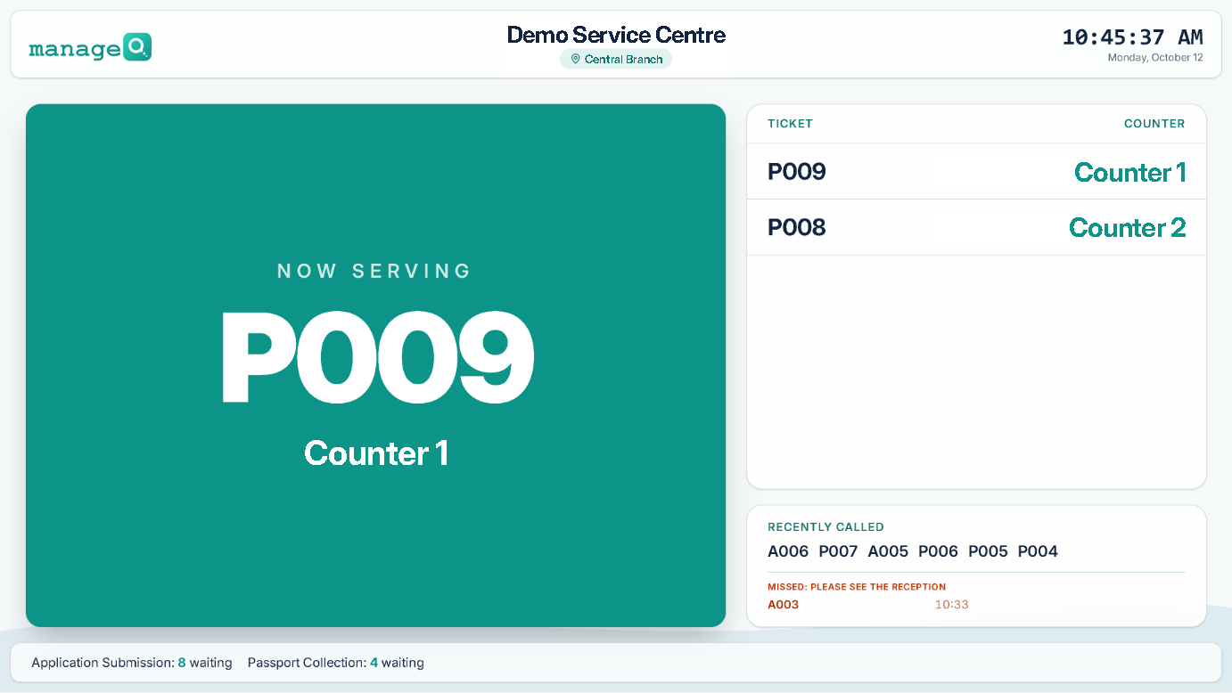 Display: now serving P009 at Counter 1