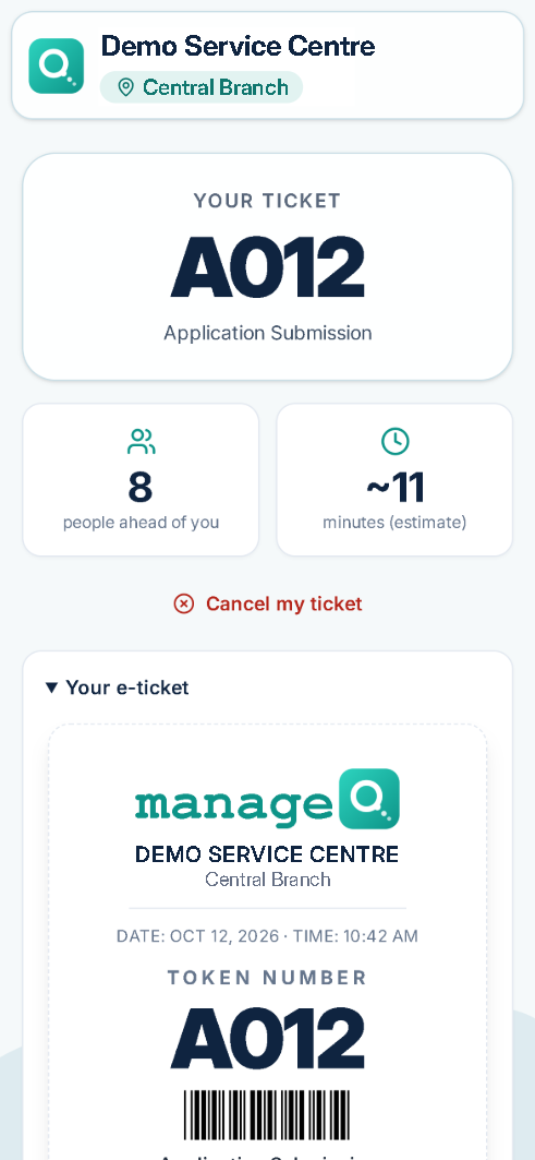 Phone: live ticket with people ahead and minutes